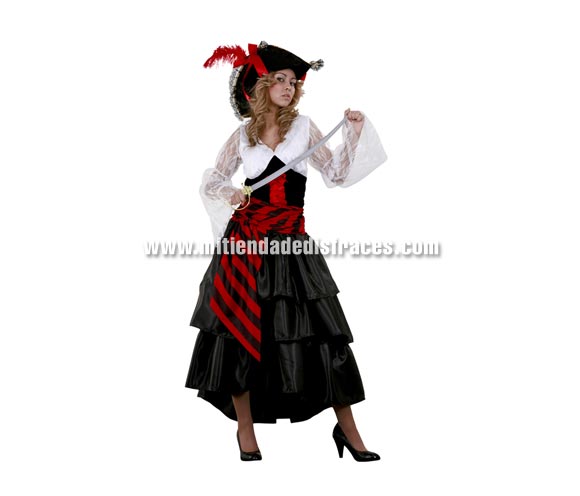 Disfraz de Pirata adulta. Talla única 42/44. Incluye sombrero, vestido y fajín. Espada NO incluida, podrás ver espadas en la sección de Complementos.