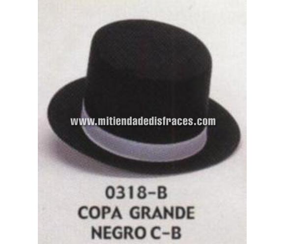Sombrero de Copa grande negro con cinta negra. Buena calidad, fabricado artesanalmente en España. Posibilidad de ajuste de precio para grupos. Chistera grande negra con cinta de color negra.