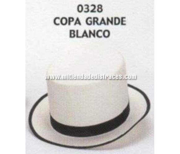 Sombrero de Copa grande blanco. Buena calidad, fabricado artesanalmente en España. Posibilidad de ajuste de precio para grupos. Chistera grande blanca.
