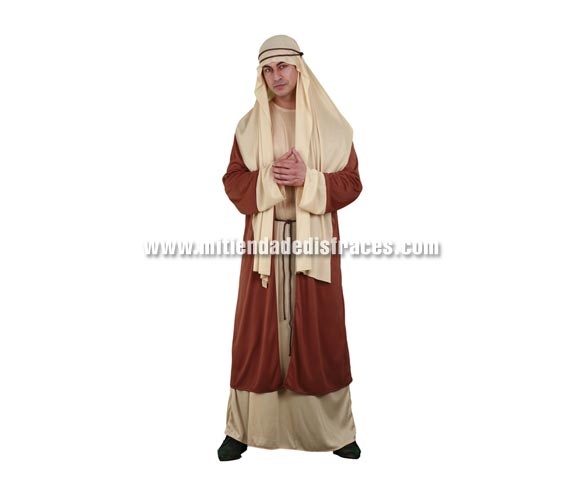 Disfraz de San José adulto económico. Talla única 52/54. Incluye pañuelo, túnica, abrigo y 2 cordones. Un disfraz barato ideal para representaciones Navideñas.