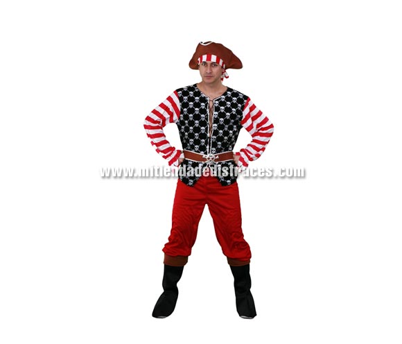 Disfraz de Pirata Rojo adulto. Talla Standar M-L = 52/54. Incluye sombrero, camisa, cinturón, pantalón y cubrebotas. Un disfraz de pirata diferente para hombre.