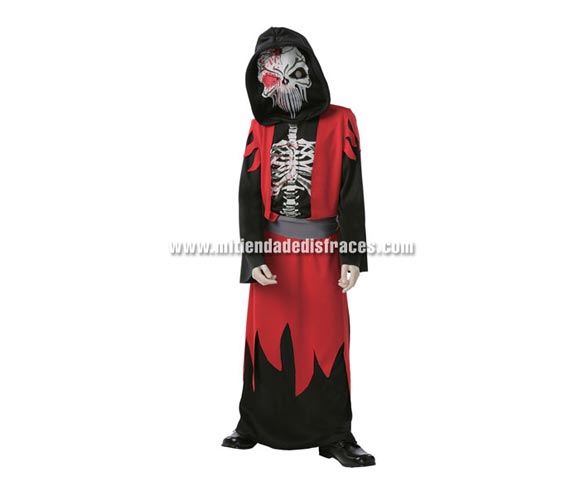 Disfraz de la Muerte Económico talla de 7 a 9 años. Incluye túnica con capucha, máscara, chaleco y cinturón.
