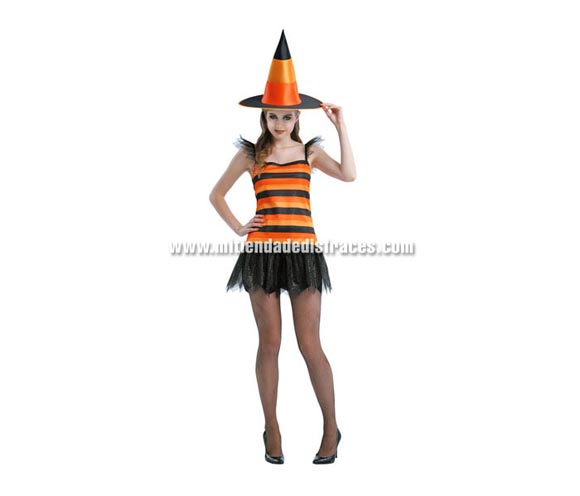 Disfraz de Bruja Corto Adulta Económico. Talla única 40/44. Incluye sombrero y vestido. Medias NO incluidas.