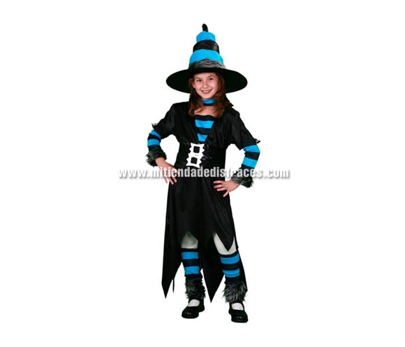 Disfraz de Bruja Caprichosa Económico talla de 10 a 12 años. Incluye sombrero, vestido, cinturón, manguitos, calentadores y gargantilla.