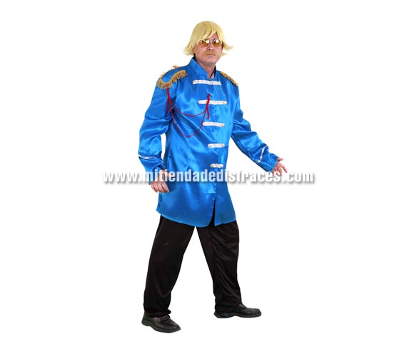 Disfraz de Estrella del Pop turquesa adulto. Talla única 52/54. Incluye casaca y pantalón. Peluca, bigote y gafas NO incluidos, podrás ver éstos artículos en la sección Complementos. Con éste disfraz irás vestido igual que Los Beatles y serás el centro de la Fiesta.