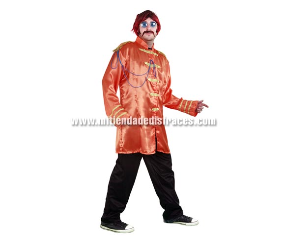 Disfraz de Estrella del Pop naranja adulto. Talla única 52/54. Incluye casaca y pantalón. Peluca, bigote y gafas NO incluidos, podrás ver éstos artículos en la sección Complementos. Con éste disfraz irás vestido igual que Los Beatles y serás el centro de la Fiesta.