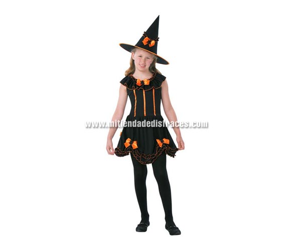 Disfraz de Bruja Corto Niña Económico talla de 4 a 6 años. Incluye sombrero con lazo y vestido. Medias NO incluidas.