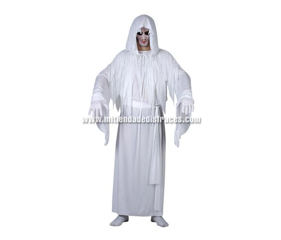 Disfraz de Espíritu Blanco adulto económico. Talla única 52/54. Incluye capa con capucha, cinturón y túnica.