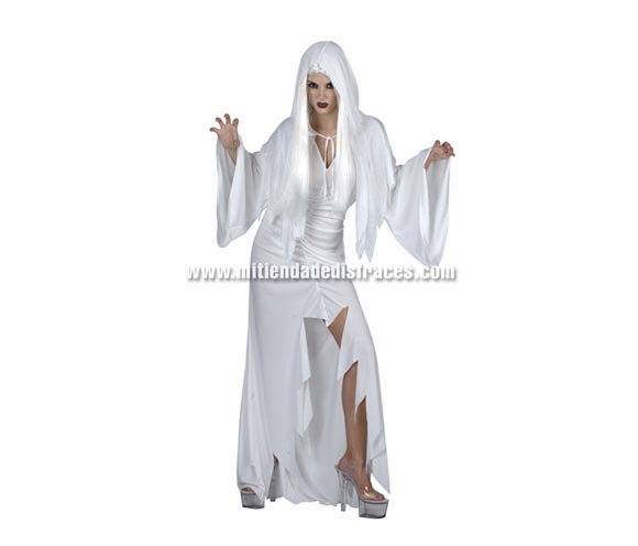 Disfraz de Espíritu Blanco adulta económico. Talla única 40/44. Incluye vestido y capa con capucha. Peluca NO incluida, podrás verla en la sección de Halloween Pelucas. Zapatos NO incluidos.