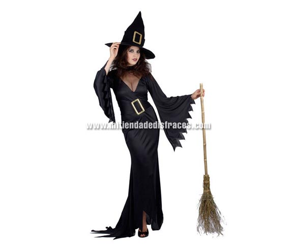 Disfraz de Bruja Negro Adulta Económico. Talla única 40/44. Incluye sombrero y vestido con cinturón. Escoba NO incluida, podrás verla en la sección de Complementos.