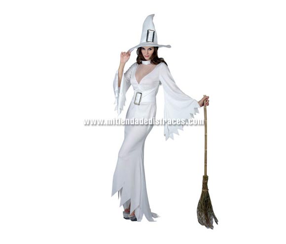 Disfraz de Bruja Blanca Adulta Económico. Talla única 40/44. Incluye sombrero y vestido con cinturón. Escoba NO incluida, podrás verla en la sección de Complementos.