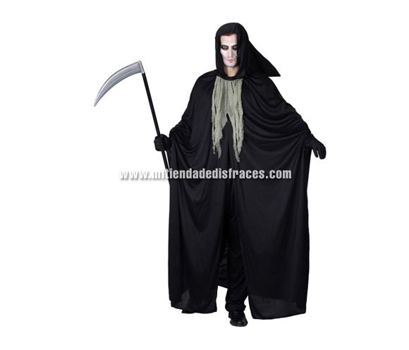 Disfraz de la Muerte adulto económico. Talla única 52/54. Incluye capa con capucha y chorrera. Guadaña NO incluida.