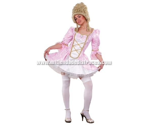 Disfraz de Lady Versalles rosa adulta. Talla única 38/42. Incluye vestido y enagua. Peluca y medias NO incluidos, podrás verlos en la sección Complementos. Disfraz de Época Sexy para mujer.