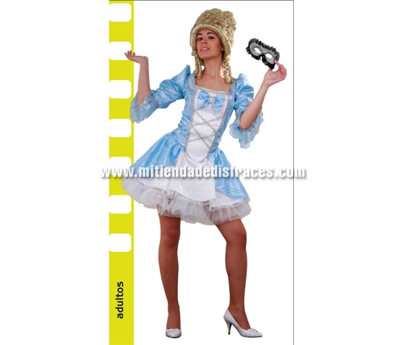 Disfraz de Lady Versalles azul adulta. Talla única 38/42. Incluye vestido y enagua. Peluca y antifaz NO incluidos, podrás verlos en la sección Complementos. Disfraz de Época Sexy para mujer.