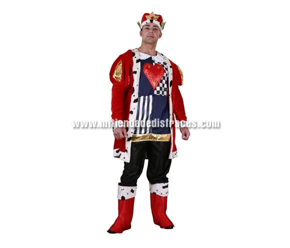Disfraz de Rey de Corazones adulto. Talla única 52/54. Incluye sombrero, cubrebotas, abrigo, chaleco y pantalones.