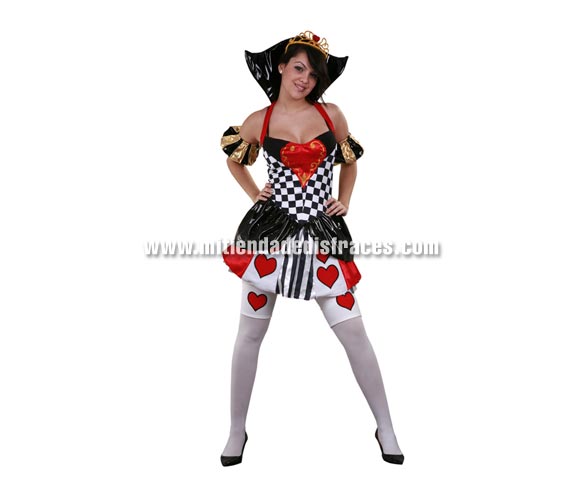 Disfraz de Reina de Corazones adulta. Talla única 38/42. Incluye Tocado, vestido con cuello, mangas, enaguas y ligas. Un disfraz muy Sexy ideal también para Depedidas.