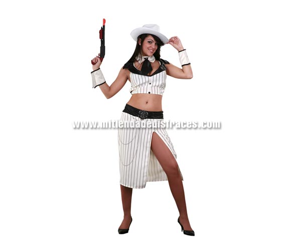 Disfraz de Ganster femenina Glamour adulta. Talla única 38/42. Incluye top, falda, cuello con corbata, sombrero y puños. Arma NO incluida.