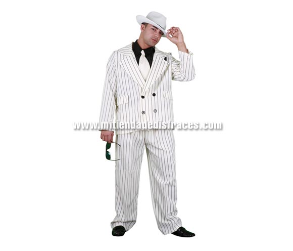 Disfraz de Gánster blanco adulto. Talla única 52/54. Incluye sombrero, chaqueta, pantalones y pechera con corbata. Gafas NO incluidas.