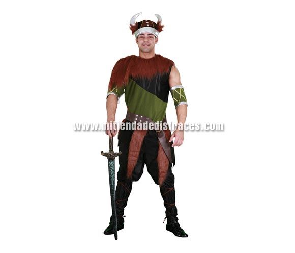 Disfraz de Vikingo verde adulto. Talla única 52/54. Incluye camiseta, cinturón, gorro, pantalones, cubrezapatos y cubrebotas. Espada NO incluida.