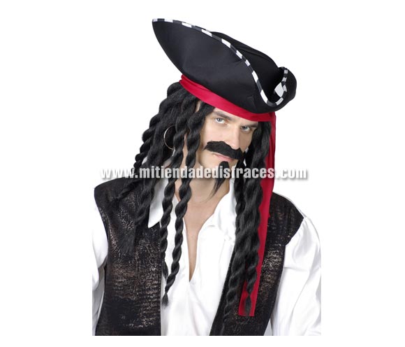 Sombrero de Pirata con peluca y trenzas adulto. Incluye el sombrero con la peluca. Talla Universal.