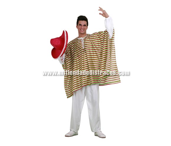 Disfraz de Mejicano adulto. Talla única 52/54. Incluye pantalón y poncho. Sombrero NO incluido, podrás verlo en la sección Sombreros, gorros y diademas.