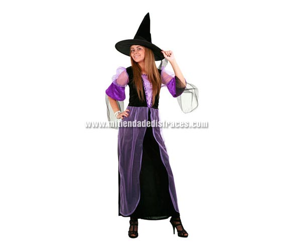 Disfraz de Bruja Morada Adulta Económico. Talla única 40/44. Incluye sombrero y vestido.