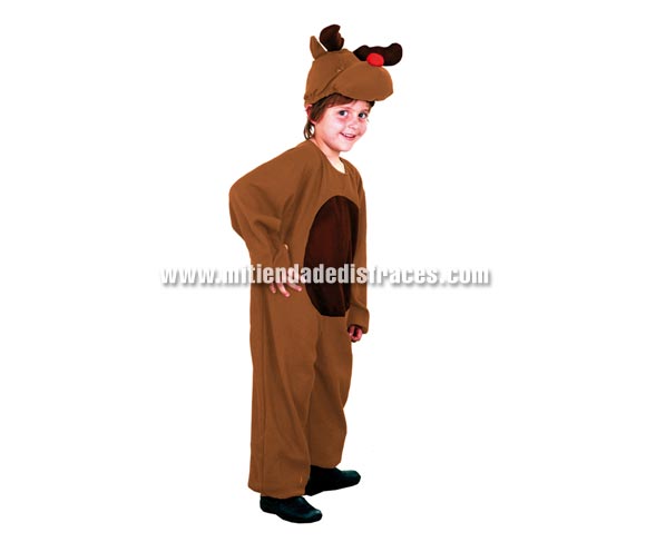 Disfraz de Reno infantil barato. Talla de 4 a 6 años. Incluye mono y capucha. Un disfraz muy apropiado para la Navidad y para teatros del cole.