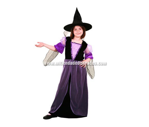 Disfraz de Bruja Morada Económico talla de 10 a 12 años. Incluye sombrero y vestido.