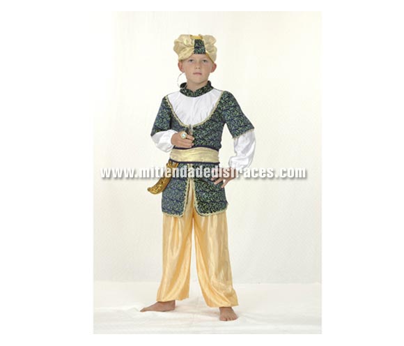 Disfraz de Sultán infantil económico. Talla de 13 a 15 años. Incluye pantalón, casaca, cinturón y turbante. Espada y anillo NO incluidos, podrás verlos en la sección de Complementos. También sirve como disfraz de Paje para niño en Navidad.