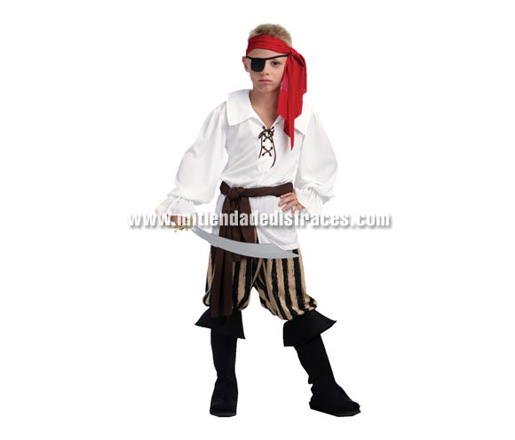 Disfraz de Capitán Pirata infantil. Talla de 13 a 15 años. Incluye camisa, pantalón, cubrebotas, pañuelo y fajin. Espada NO incluida, podrás verla en la sección de Complementos.