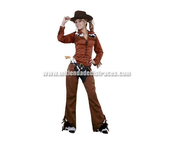 Disfraz de Vaquera adulta. Talla XL 44/48. Incluye camisa, cinturón y zahones. Sombrero y pistola NO incluidos, podrás verlos en la sección de Complementos.