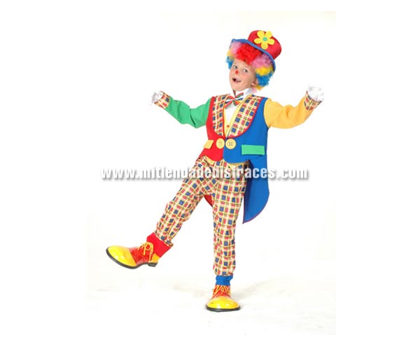 Disfraz de Payaso abrigo Económico talla de 2 a 4 años. Incluye sombrero, chaqueta, pechera con lazo y pantalón. Peluca, zapatones y guantes NO incluidos, podrás verlos en las secciones de Complementos y de Pelucas.