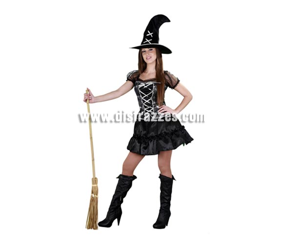 Disfraz de Bruja sexy traviesa negro con adronos plateados de adulta para Halloween. Talla estándar 38/42. Incluye sombrero y vestido. Escoba NO incluida, podrás verla en la sección Complementos. Éste disfraz de Halloween es ideal para celebrar la Fiesta de la Noche de las Brujas cada vez más arraigada en nuestro País en Pub's, Discotecas, Casas particulares,  Restaurantes o Colegios y ayudar a crear un ambiente terrorífico y tenebroso indispensable para la Noche de Halloween la cual se celebra la víspera de Todos los Santos.
¡¡Compra tu disfraz para Halloween en nuestra tienda de disfraces, será divertido!!

¡¡¡PRÓXIMA RECEPCIÓN DE ÉSTE ARTÍCULO A PARTIR DE SEPTIEMBRE DE 2010!!!
