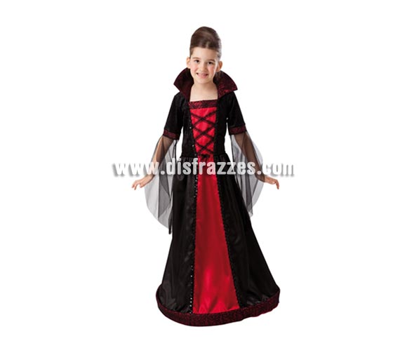 Disfraz de Vampiresa infantil para Halloween barato. Talla de 5 a 6 años. Incluye vestido y cuello. Éste disfraz de Halloween es ideal para celebrar la Fiesta de la Noche de las Brujas en Pub's, Discotecas, Casas particulares,  Restaurantes o Colegios y ayudar a crear un ambiente terrorífico y tenebroso indispensable para la Noche de Halloween la cual se celebra la víspera de Todos los Santos.
¡¡Compra tu disfraz para Halloween en nuestra tienda de disfraces, será divertido!!