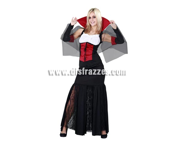 Disfraz de Vampiresa adulta para Halloween. Talla estándar 38/42. Disfraz de Vampira de Halloween que incluye cuello, vestido y mangas. Éste disfraz de Halloween es ideal para celebrar la Fiesta de la Noche de las Brujas cada vez más arraigada en nuestro País en Pub's, Discotecas, Casas particulares,  Restaurantes o Colegios y ayudar a crear un ambiente terrorífico y tenebroso indispensable para la Noche de Halloween la cual se celebra la víspera de Todos los Santos.
¡¡Compra tu disfraz para Halloween en nuestra tienda de disfraces, será divertido!!