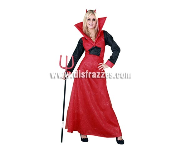 Disfraz de Diablesa vestido largo adulta para Halloween. Talla estándar 38/42. Disfraz de Halloween de buena calidad que incluye diadema de cuernos y vestido. Tridente NO incluido, podrás verlo en la sección Complementos para Halloween. Éste disfraz de Halloween es ideal para celebrar la Fiesta de la Noche de las Brujas cada vez más arraigada en nuestro País en Pub's, Discotecas, Casas particulares,  Restaurantes o Colegios y ayudar a crear un ambiente terrorífico y tenebroso indispensable para la Noche de Halloween la cual se celebra la víspera de Todos los Santos.
¡¡Compra tu disfraz para Halloween en nuestra tienda de disfraces, será divertido!!