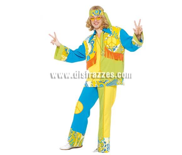 Disfraz de Hippie adulto para hombre. Talla única 52/54. Incluye cinta de la cabeza, casaca y pantalón. Peluca, collar y gafas NO incluidos, podrás velos en la sección Complementos.