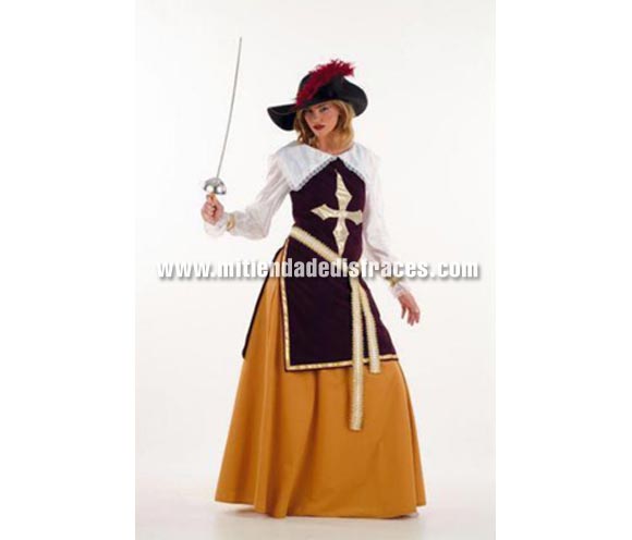 Disfraz de Mosquetera adulta deluxe. Disponible en varias tallas. Incluye falda, sombrero y casaca con cinturón. Espada NO incluida, podrás encontrar en nuestra sección de Complementos. Éste disfraz hace pareja con la ref. MA440LI.