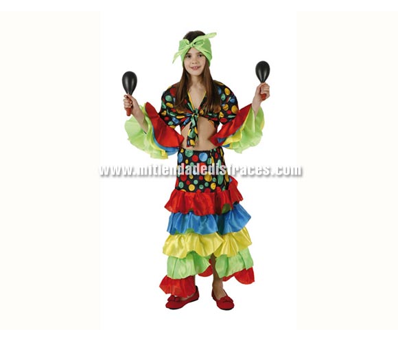 Disfraz de Rumbera infantil. Talla de 7 a 9 años. Incluye pañuelo, camisa y falda. Disfraz de Caribeña o Brasileña para niña.