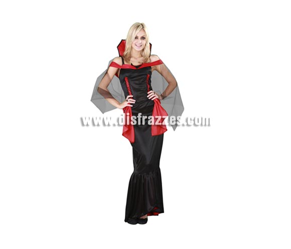 Disfraz de Vampira adulta para Halloween. Talla estándar. Disfraz de Vampiresa de Halloween que incluye cuello, capa y vestido. Éste disfraz de Halloween es ideal para celebrar la Fiesta de la Noche de las Brujas cada vez más arraigada en nuestro País en Pub's, Discotecas, Casas particulares,  Restaurantes o Colegios y ayudar a crear un ambiente terrorífico y tenebroso indispensable para la Noche de Halloween la cual se celebra la víspera de Todos los Santos.
¡¡Compra tu disfraz para Halloween en nuestra tienda de disfraces, será divertido!!