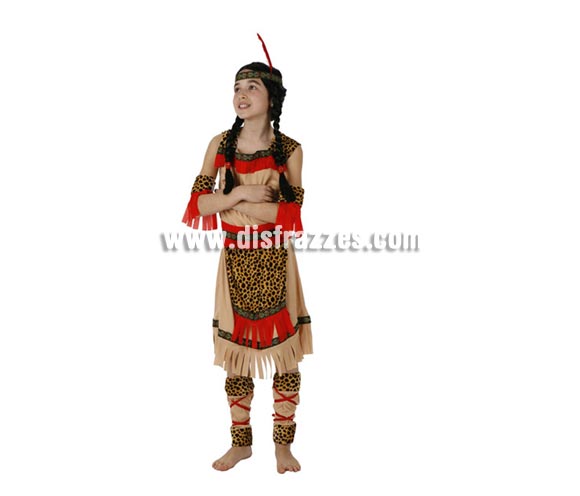 Disfraz de India Piel Roja talla de 5 a 6 años para niña. Incluye tocado, vestido cubrepiernas y accesorio brazos.