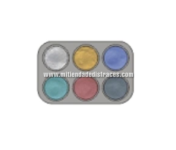 Maquillaje al agua (water make-up). Paleta de 6 colores perlados de 2,5 ml.; (blanco, oro, azul, verde, carne y plata).
-Fácil de usar, (como acuarelas).
-Se quita con agua y jabón.
-Antialérgico.