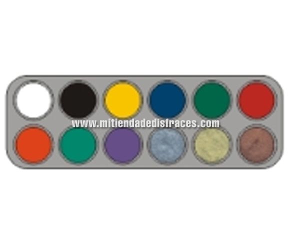 Maquillaje en crema (crème make-up). Paleta de 12 colores de 2,5 ml; (blanco, negro, amarillo, azul oscuro, verde oscuro, rojo, naranja, verde mar, lila, plata perla, oro perla, cobre perla).
-Fácil de usar, (como acuarelas).
-Se quita con agua y jabón.
-Antialérgico.
