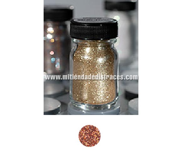 Purpurina suelta (Polyglitter), de 15 ml, de color cobre.
Es un brillo sencillo que se puede aplicar directamente en la piel o por encima del maquillaje, usando los dedos, una esponja para maquillaje o una brocha ligeramente húmeda.
Para una mejor fijación del producto, aplique una capa delgada de Stoppelpasta o Water-soluble Mastix. 	