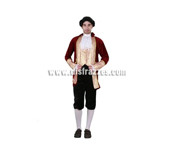 Disfraz barato de Marqués para hombre. Talla Standar M-L = 52/54. Incluye chaqueta, pecherín o pañuelo del cuello, chaleco y pantalones. Peluca NO incluida, podrás verla en la sección de Pelucas.
