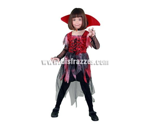 Disfraz de Vampiresa Gótica vestido corto infantil para Halloween. Talla de 7 a 9 años. Incluye cuello y vestido de Vampira barato de Halloween. Éste disfraz de Halloween es ideal para celebrar la Fiesta de la Noche de las Brujas en Pub's, Discotecas, Casas particulares,  Restaurantes o Colegios y ayudar a crear un ambiente terrorífico y tenebroso indispensable para la Noche de Halloween la cual se celebra la víspera de Todos los Santos.
¡¡Compra tu disfraz para Halloween en nuestra tienda de disfraces, será divertido!!