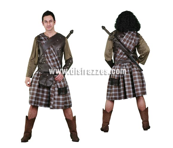 Disfraz barato de Guerrero Escocés adulto. Disfraz de Braveheart. Talla única 52/54. Incluye camisa, falda, manto, coraza, bandolera, muñequeras y cinturón-bolsa. Peluca y espada NO incluidas, podrás verlas en la sección Complementos. Botas NO incluidas. Un disfraz Medieval de Guerrero para hombre.
