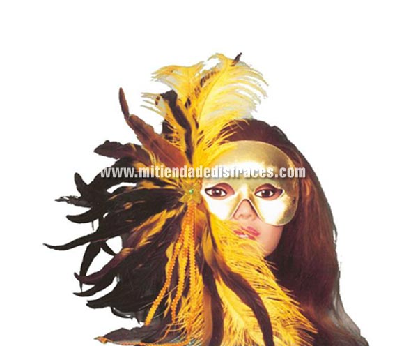 Antifaz Veneciano dorado con plumas.