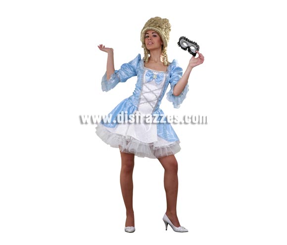 Disfraz de Lady Versalles azul adulta. Talla standar 38/42. Incluye vestido y enagua. Peluca y antifaz NO incluidos, podrás verlos en la sección Complementos. Disfraz de Época Sexy para mujer.