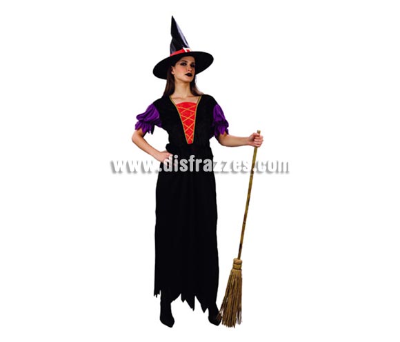 Disfraz de Bruja Negro Malva Adulta Económico. Talla única 38/42. Incluye sombrero y vestido. Escoba NO incluida, podrás verla nuestra sección de Complementos.